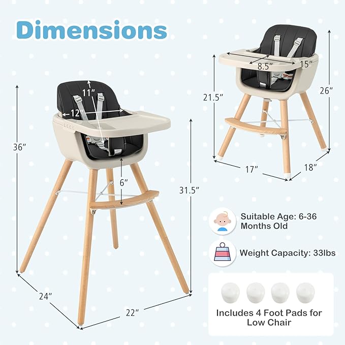 HONEY JOY Baby High Chair, 6-in-1 Eat & Grow Wooden Highchair/Toddler Chair with Removable Tray, 5-Point Harness, PU Cushion and Footrest, Convertible High Chair for Babies and Toddlers(Black)