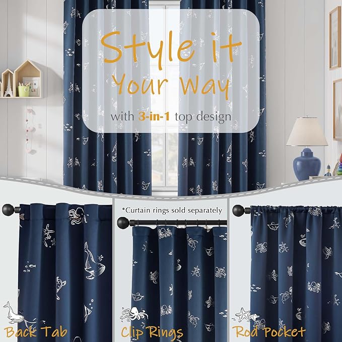 Vangao Kids Curtains for Boys Bedroom Kids Blackout Curtains 63 Inch Length Ocean Aquarium Nursery Drapes for Girls Bedroom Silver Sea Animals Print Thermal Insulated Drapes, Navy Blue 2 Panels