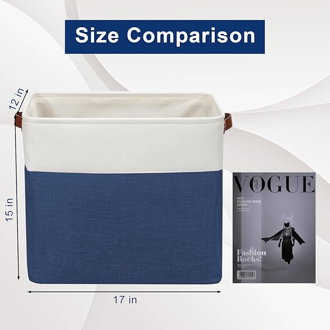 Large Fabric Storage Baskets | 50L Storage Bins, Decorative Linen Closet Baskets with Handles for Organizing, Shelf, Toys, Clothes, Home, Office, Nursery, 17x12x15Inches (Navyblue&White)