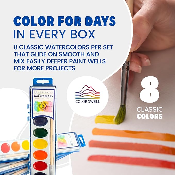 Color Swell 6 Pack Bulk Watercolor Paint Pack with Wood Brushes 8 Colors Washable Water Colors Great for Kids, Parties, Students, All Ages