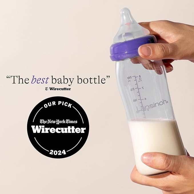 Lansinoh Anti-Colic Glass Baby Bottles, 8 Ounces, 4 Count Bottles for Feeding, Baby Essentials, Includes 4 Medium Flow Nipples, Size M