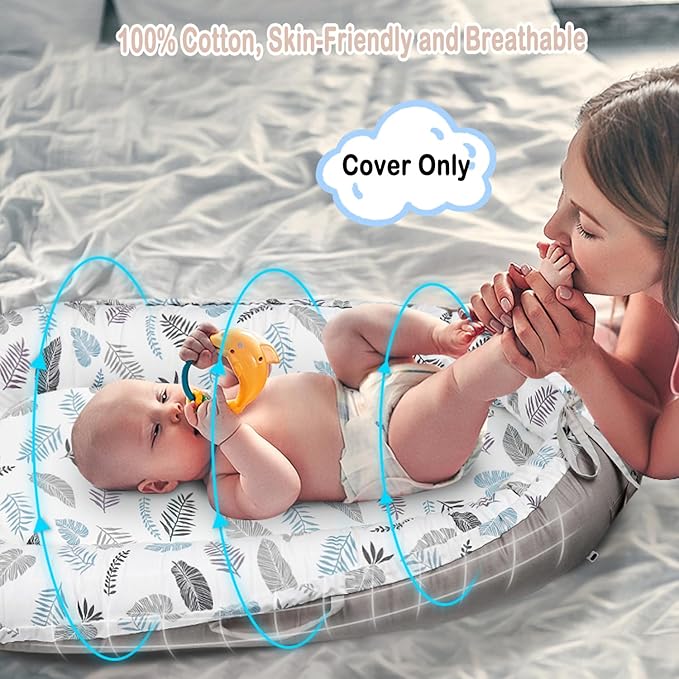 Baby Lounger Cover Only for Newborns, 100% Cotton Soft Portable Baby Nest Lounger Cover, Breathable Infant Lounger Replacement Cover, Lounger Pillow Cover Fit for Snuggle Me, Cover Only(Leaf Pattern)