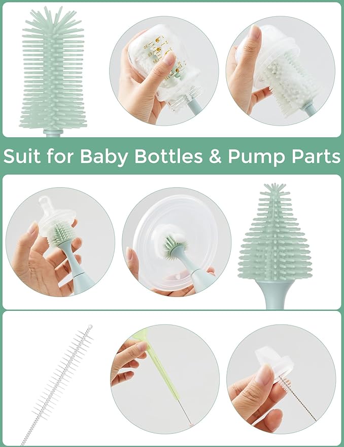 Momcozy Bottle Brush Kit, Innovative Push-Press Design for Better Cleaning - Baby Bottle Cleaner Brush for Baby Bottle, Breast Pumps, Nipples, and More - Can Generate Foam for Better Cleaning, Green