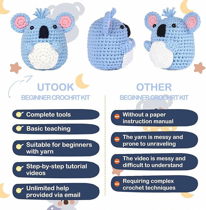 Utook Crochet Kit for Beginners, Crochet Vegetable Kit,Beginner Crochet Kit for Adults and Children, with Instructional Videos and Paper Tutorials, Handmade Crafts, Holiday Gifts (Koala)