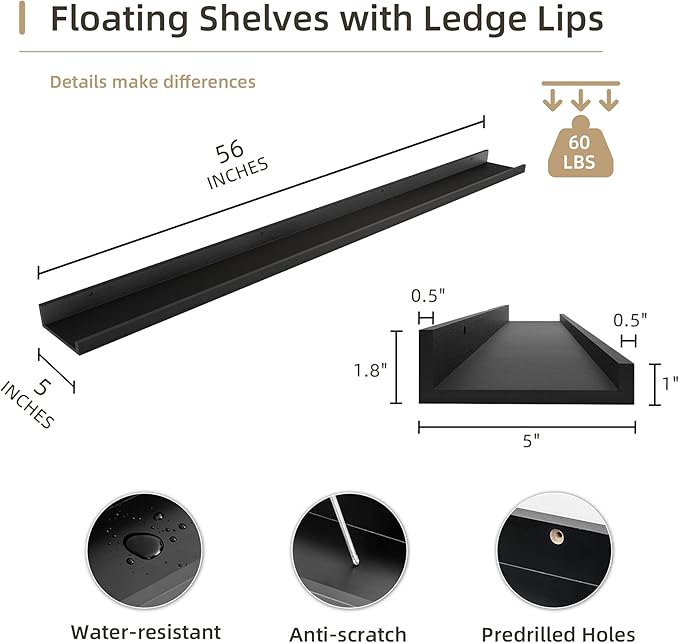 Picture Ledge Shelf, Wood Long Floating Shelves for Wall, Set of 2, 56 inch Picture Ledge Shelves, Photo Ledge Nursery Book Shelves Wall Mounted for Living Room Kids' Room Bedroom, Color Black