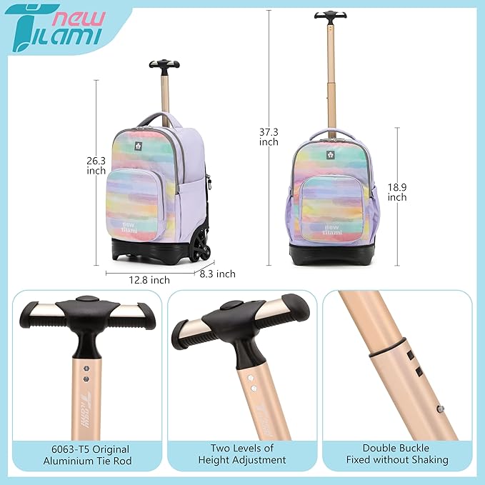 NEW TILAMI 18 inch Rolling Backpack for Kids – Waterproof, Stair-Climbing, Adjustable Handle, Variety of Colors & Patterns for School, Mood Map