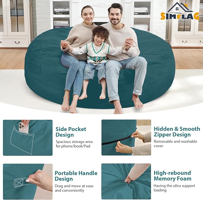 7FT Bean Bag Chair, Large Bean Bag Chairs with Memory Foam Filled, Fluffy Beanbag Sofa with Dutch Velvet Cover, Round BeanBag Chairs for Living Room, Playroom - Sea Blue