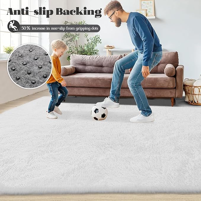 4x6 Area Rug for Living Room: Fluffy Shag Soft Washable Rugs Fuzzy Plush Indoor Carpet for Bedroom Nursery Playroom Dorm Kids Girls Boys Room (White, 4'x6')