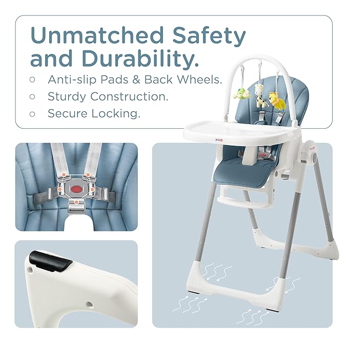KÜB 3-in-1 Foldable Baby High Chair, 7 Height & 4 Recline Adjustable Seat & Tray for Easy Clean, 2 Locking Wheels, Multifunctional Infant High Chairs for Babies and Toddlers (Blue, with Toys)