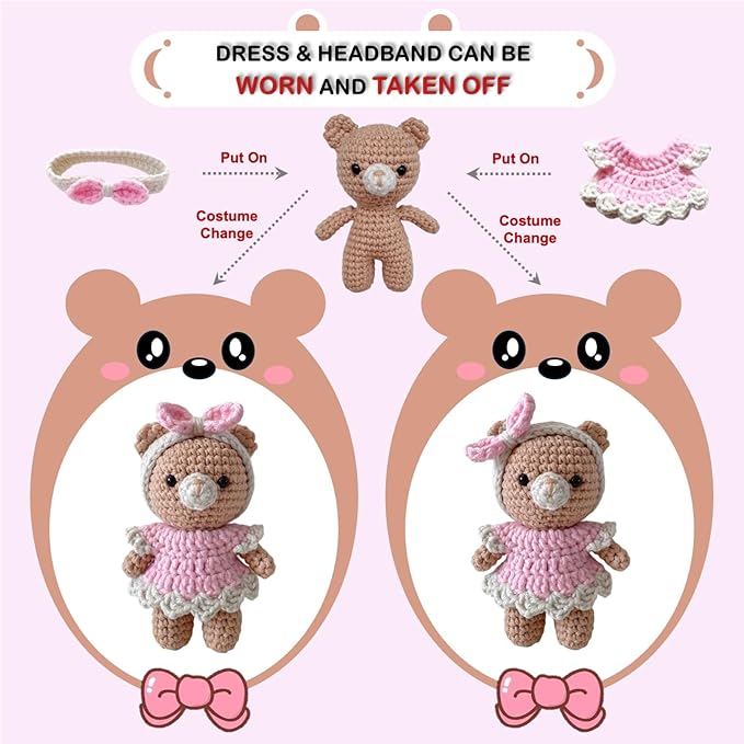 LoopMap Crochet Kit for Beginners - DIY Amigurumi Bear with Removable Dress & Accessories - Step-by-Step Video Tutorials, Extra Yarn, Crochet Tools, Handmade Gift for Kids & Adults (Bear K01, Pink)