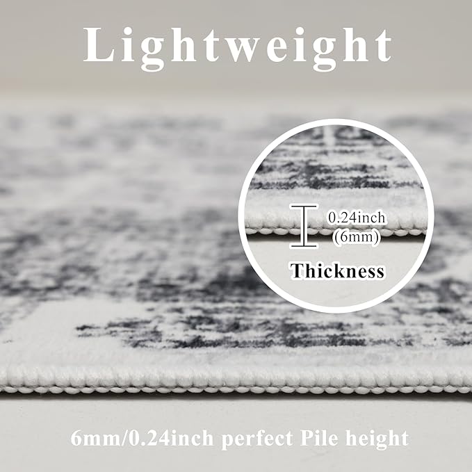 Washable Rugs 5x7 Area Rugs for Living Room, Thin Carpet for Bedroom, Soft Faux Wool Retro Dining Room Rug，Non Slip&Non-Shedding Resistant Low Pile Vintage Print Rug for Home Office (White/Grey)