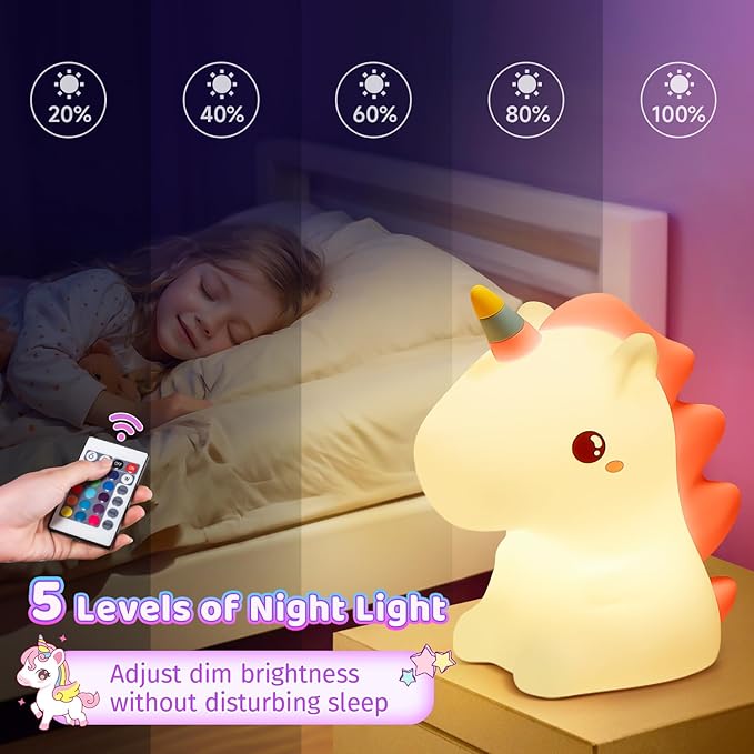 ONEFIRE Unicorn Night Light for Kids,【Cute Gifts&Remote】 16 Colors Cute Night Light,5 Lightness & Last 10H Nightlight for Kids Room,Soft Lamp