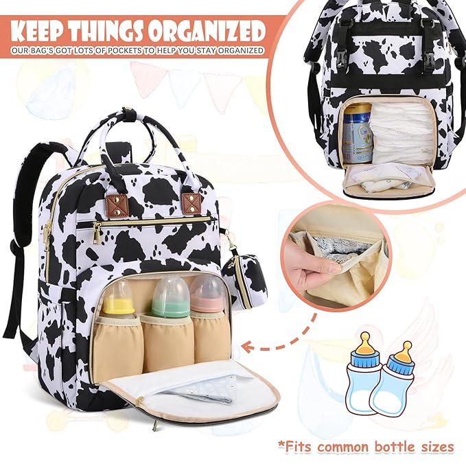 Baby Diaper Bag Backpack, Travel Diaper Bags for Baby Girl Boy Large Capacity Baby Bag Backpack for Women Cow Print