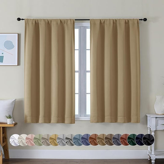 Simplebrand Ava Taupe Short Blackout Curtains for Bedroom 45 Inches Long 2 Panels Set, Solid Thermal Insulated, Energy Saving Window Treatment Curtains Blackout Drapes, W40 x L45 Inch, Taupe
