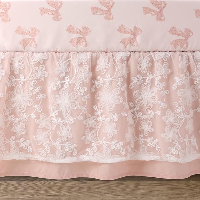 The Peanutshell 3 Piece Baby Crib Bedding Set for Girls - Cotton Fitted Crib Sheet, Layered Dust Ruffle, Comforter, Newborn, Infant & Toddler Vintage Nursery Bed Set Decor, Pink, Gold, Floral - Grace