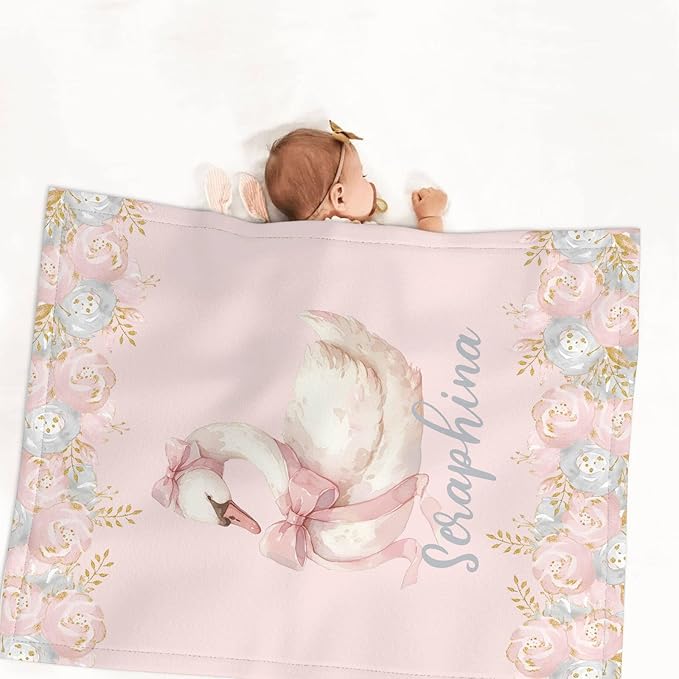 Personalized Baby Girl Crib Bedding Set – Custom Name Swan 3-Piece Nursery Set with Soft Flannel Blanket, Fitted Sheet & Pillowcase – Infant & Toddler Bedding Gift