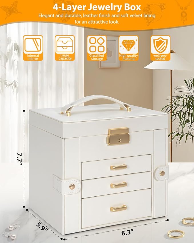 AKOZLIN 4-Tier Jewelry Box Leather Jewelry Storage Organizer with 3 Drawers Lockable for Women Girls Ring Necklace Earring Bracelet Holder with Mirror White
