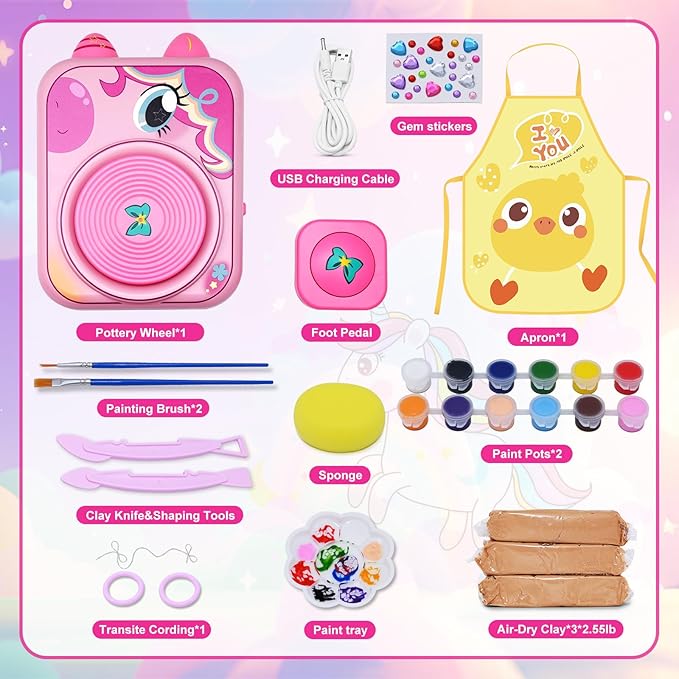 Pottery Wheel for Kids, Girls Arts and Crafts Toys for Kids Ages 8-12,Pottery Studio Craft Kit with 3 Pack Air-Dry Clay, Art Supplies for Kids Toys Girls Birthday Gift for 6 7 8 9 10 11 12+（Pink）