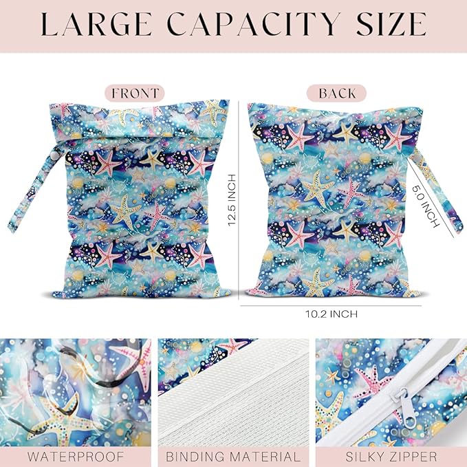 Wet Bag for Swimsuit, Beach Travel Essentials Wet Dry Bag, for Sunscreen Toiletry Dirty Clothes Yoga Gym Diaper, Friends Summer Beach Vacation Gifts. Colorful starfish coral