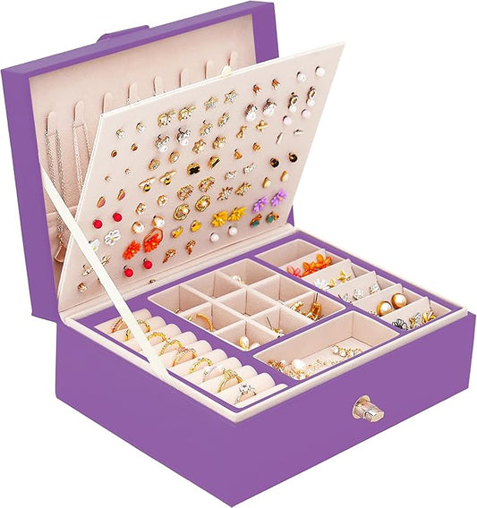 Girls Jewelry Box for Earrings Jewelry Organizer Box Teen Girls Earrings Organizer Jewelry Box with Earring Holder Organizer Stud Earring Box for Girls Womens Jewelry Case Organizer Purple