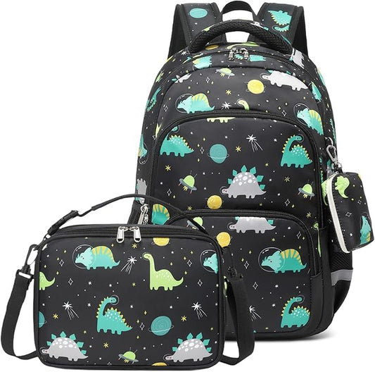 mygreen 3PCS Kids Backpack Set - Waterproof Bookbag with Lunch Box for Boys Ages 3-12, Adorable Cartoon Prints for School & Outdoor Use Black Dinosaurs