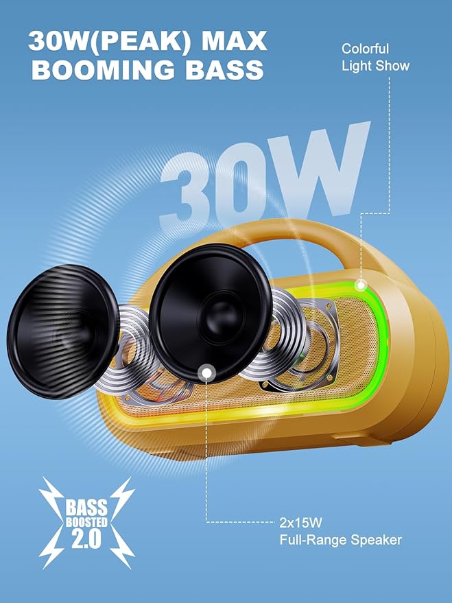 TPone Portable Bluetooth Speaker, 30W (Peak) Wireless Speaker for Outdoor, Up to 12H Playtime, IPX5 Waterproof with Light, TWS Pairing, for Home/Party/Outdoor/Beach, Birthday Gift (Peach Fuzz)