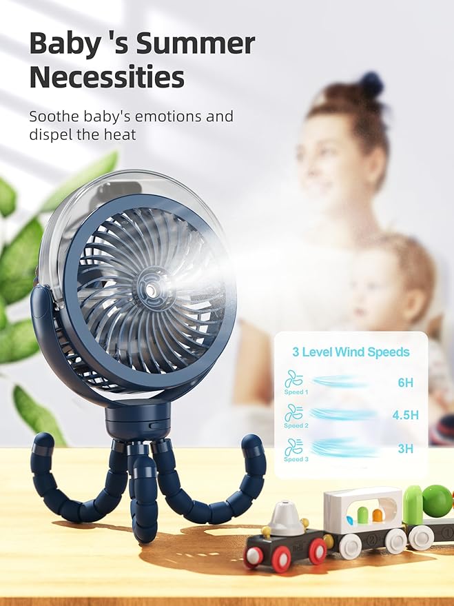Misting Stroller Fan, 6000mAh Battery Operated Portable Fan with Light & 360° Pivoting, Personal Cooling Fans with Flexible Tripod for Baby, Office, Travel,Treadmill,Outdoors (Dark Blue)