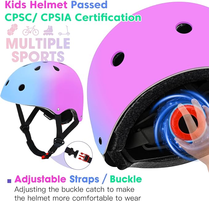 Color Gradient Adjustable Kids Bike Helmet Toddler Skateboard Helmets Boys Girls Child Ventilation Helmet for Multi-Sports Skating Cycling Scooter Balance