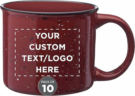DISCOUNT PROMOS Custom Ceramic Campfire Coffee Mugs 13 oz. Set of 10, Personalized Bulk Pack - Perfect for Tea, Espresso, Cappuccino, Hot Cocoa - Maroon