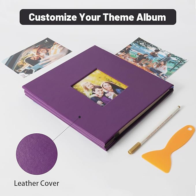 RECUTMS Photo Album Self Adhesive Magnetic Scrapbook 4x6 5x7 8x10 Pictures Scrapbook Album, 40 Pages Photo Book for DIY Baby Family Wedding with Metal Pen and Plastic Board (Purple)