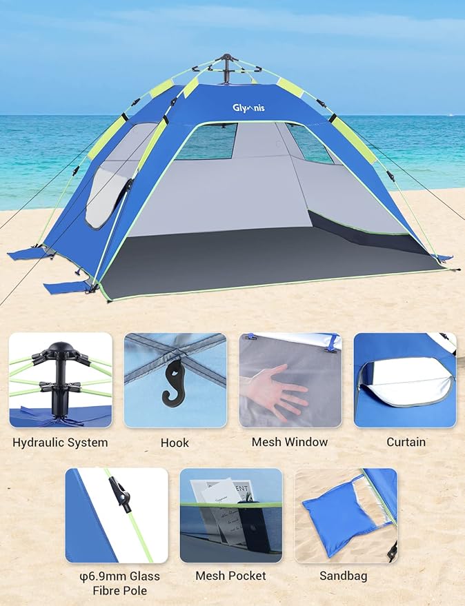 Glymnis Pop Up Beach Tent Sun Shade Shelter for 3-4 Person with UPF 50+, Lightweight & Easy Setup, Vent Windows & Zippered Door, Extended Floor Family Instant Beach Tent