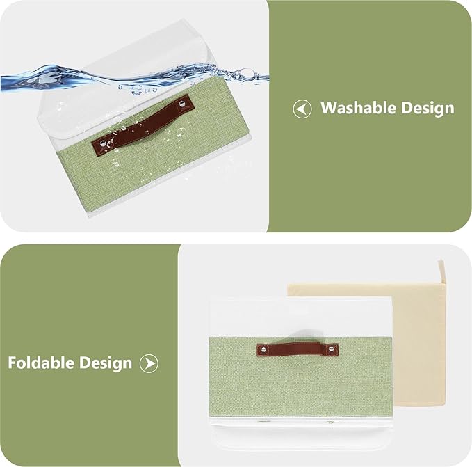 ANMINY 4PCS Storage Boxes with Lid Washable Decorative Storage Bins Basket with PU Leather Handle Foldable Linen Fabric Storage Cubes Containers for Home Closet Organizer - Green White, Large Size