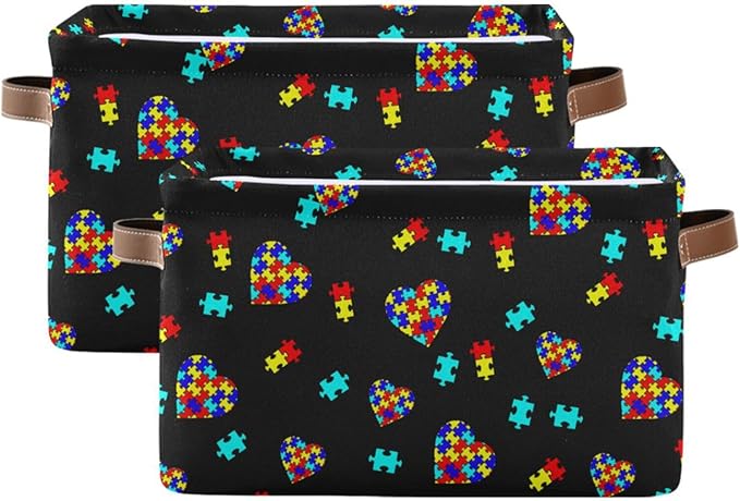 Multicolor Storage Basket Bin Autism Awareness Puzzle Pieces Heart Organizer Collapsible Shelf Cube with Handle for Nursery Bedroom Bathroom