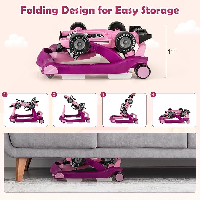 HONEY JOY 4-in-1 Baby Walker, Activity Push Walker w/3 Adjustable Heights, Smooth Wheels w/Adjustable Speed, Padded Seat, Music & Light, Foldable Car Walker for Baby Boys Girls Age 6 Months+ (Purple)