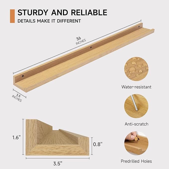 Fun Memories Picture Ledge Shelf, 36 Inch Floating Shelves Set of 2, Nursery Book Shelves for Toys Storage, Kids Bookshelf Wall Mounted for Wall Decor Books Photo Frames, Oak