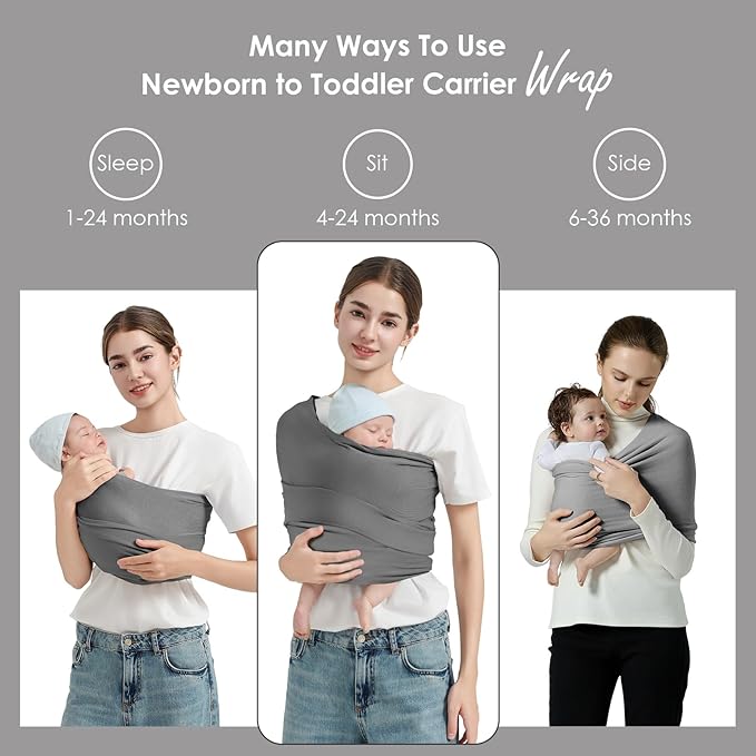 Baby Wrap Carrier, Lightweight Baby Wearing Wraps for Newborn and Infant, Soft Swaddle Holder Carrier, Cozy Baby Sling 7-35 lbs Grey