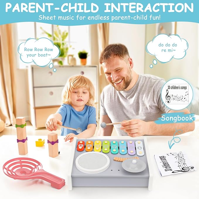 Kids Musical Instruments Piano Drum Set - 5 in 1 Montessori Toys for Toddler Baby, Wooden Music Kit with Piano Keyboard Xylophone, Preschool Educational Sensory Toys, Gifts for Boys Girls 1-8