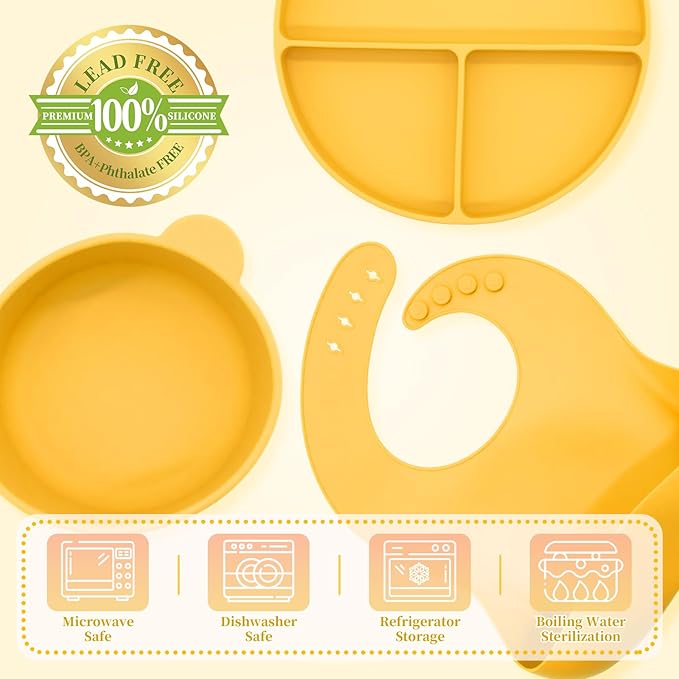 Silicone Baby Feeding Set 6 Pcs, Baby Led Weaning Supplies, Baby Feeding Supplies Set BPA Free, Baby Essentials for Newborn Gift Yellow