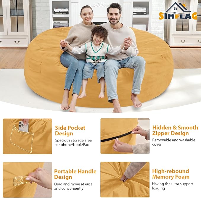 7FT Bean Bag Chair, Large Bean Bag Chairs with Memory Foam Filled, Fluffy Beanbag Sofa with Dutch Velvet Cover, Round BeanBag Chairs for Living Room, Playroom - Mustard