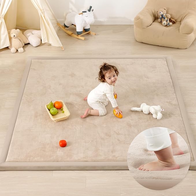 1.3" Thick Baby Play Mat for Floor Playpen, 71x79 Large Foam Tummy Time Mat, Padded Support Soft Plush Nursery Rug for Infant Kids Toddler Crawling Kick Activity (Beige)
