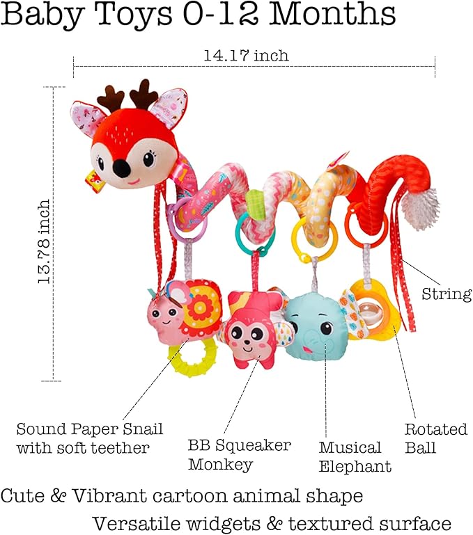 Stroller Toys, Car Seat Toys for Babies 0-6 Months Infants Activity Spiral Hanging Crib Toy Gift for Baby Boys and Girls 0 3 6 12 Months Newborn Sensory Toy with Rattles Squeaker Music- Red