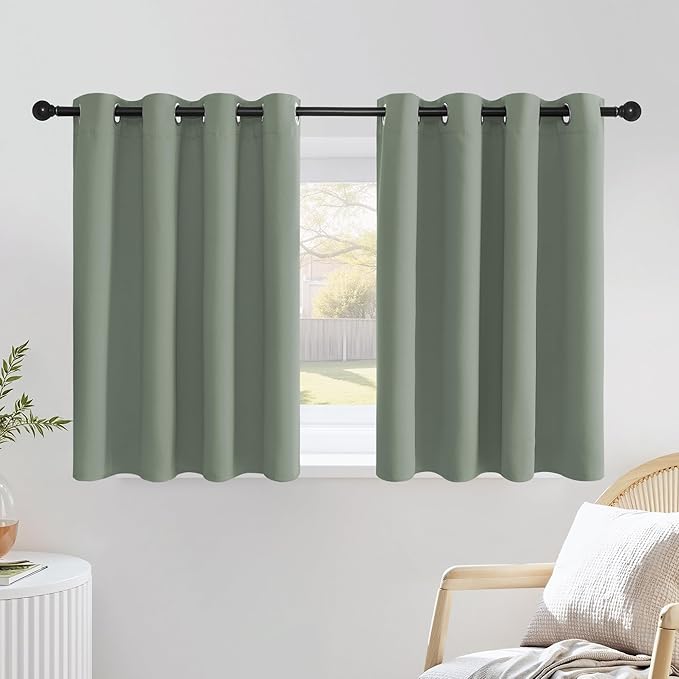 NICETOWN Blackout Sage Green Curtains for Cafe 36 inch Length, Grommet Room Darkening Sound Reducing Solid Window Treatments, W52 x L36, 2 Panels