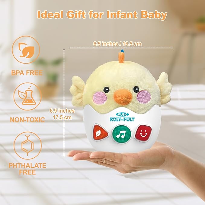 Baby Toys 0-6-12 Months, Chick Musical Plush Cute Stuffed Animal Infant Tummy Toys with Light & Sounds, Roly-Poly Sensory Toy Birthday Easter Egg Gift for Newborn Boys & Girls