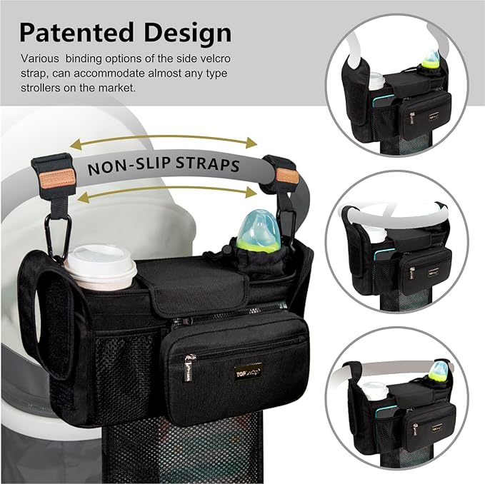 TOPDesign Universal Baby Stroller Organizer, Stroller Caddy with Detachable Mesh Bag & Heightened Insulated Cup Holders & Non-Slip Secure Hooks Accessories, Fits Most Strollers (Pandas)