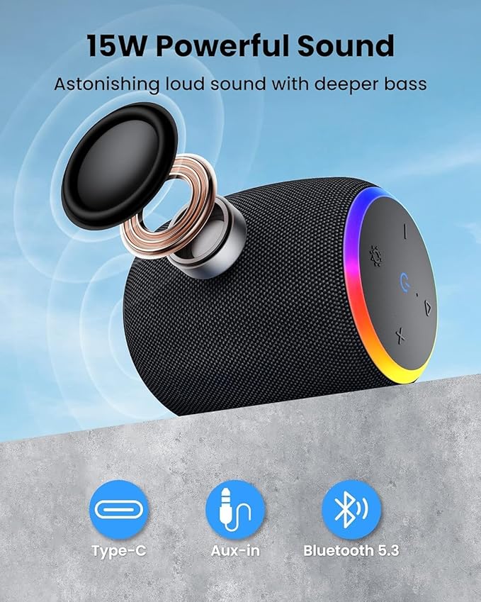 Bluetooth Speaker, Portable Wireless Bluetooth 5.3, 15W Clear Bass, IPX6 Waterproof, LED Lights, AUX/TF/USB, Dual TWS Pairing, 12H Playtime, Small Speakers for Home Outdoor Beach, Ideal Gift