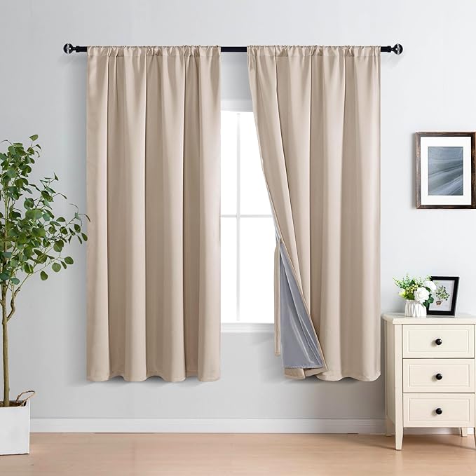 XWZO 100% Blackout Window Curtains with Tiebacks- Privacy Protection & Noise Blocking Window Draperies Rod Pocket with Black Liner for Bedroom/Living Room, Biscotti Beige, W52 x L72, Set of 2 Panels