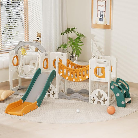 KORIMEFA 11 in 1 Toddler Slide and Swing Set, Kids Slide for Toddlers, Outdoor Indoor Playground for Toddlers 1-3, Toddler PlaySet with Basketball Hoop and Ball Golf Set, Climbing Arch(Yellow & Green)