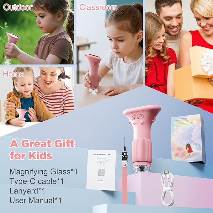 MAXLAPTER Portable Digital Microscope for Kids: 1000X Handheld Kid Microscope with 2'' Screen and 8 LED Lights - Pocket Miniscope Edu Science Toys Birthday Gifts for Age 3-5 5-7 8-12 Girls Boys, Pink
