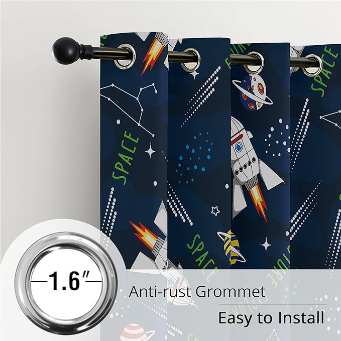 Kids Space Rocket Blackout Curtains - 100% Blackout, Thermal Insulated, Noise Reducing, Perfect for Kids Room and Nursery, 2 Panels (Future Explorer Rockets, W52×L84)