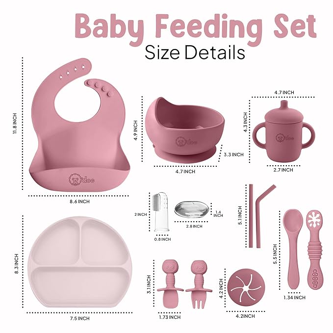o'doe 11-Piece BPA-Free Silicone Baby Feeding Set | Thick & Soft Suction Plates, Baby Bowls, Wooden Fork & Spoon, and More | Make Mealtime Fun and Easy for Your Little One (Rose, V1)